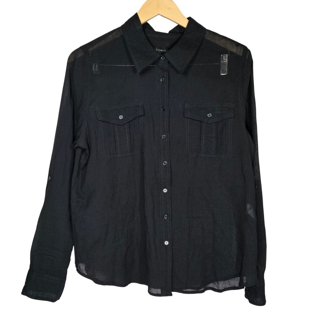 Talbots Black Cotton Gauze Utility Button Down Shirt Roll Tab Sleeve Womens 12